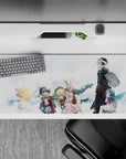 36x16 inches anime desk pad in soft pastel clouds and bright whites, cozy found-family vibe, clean look.