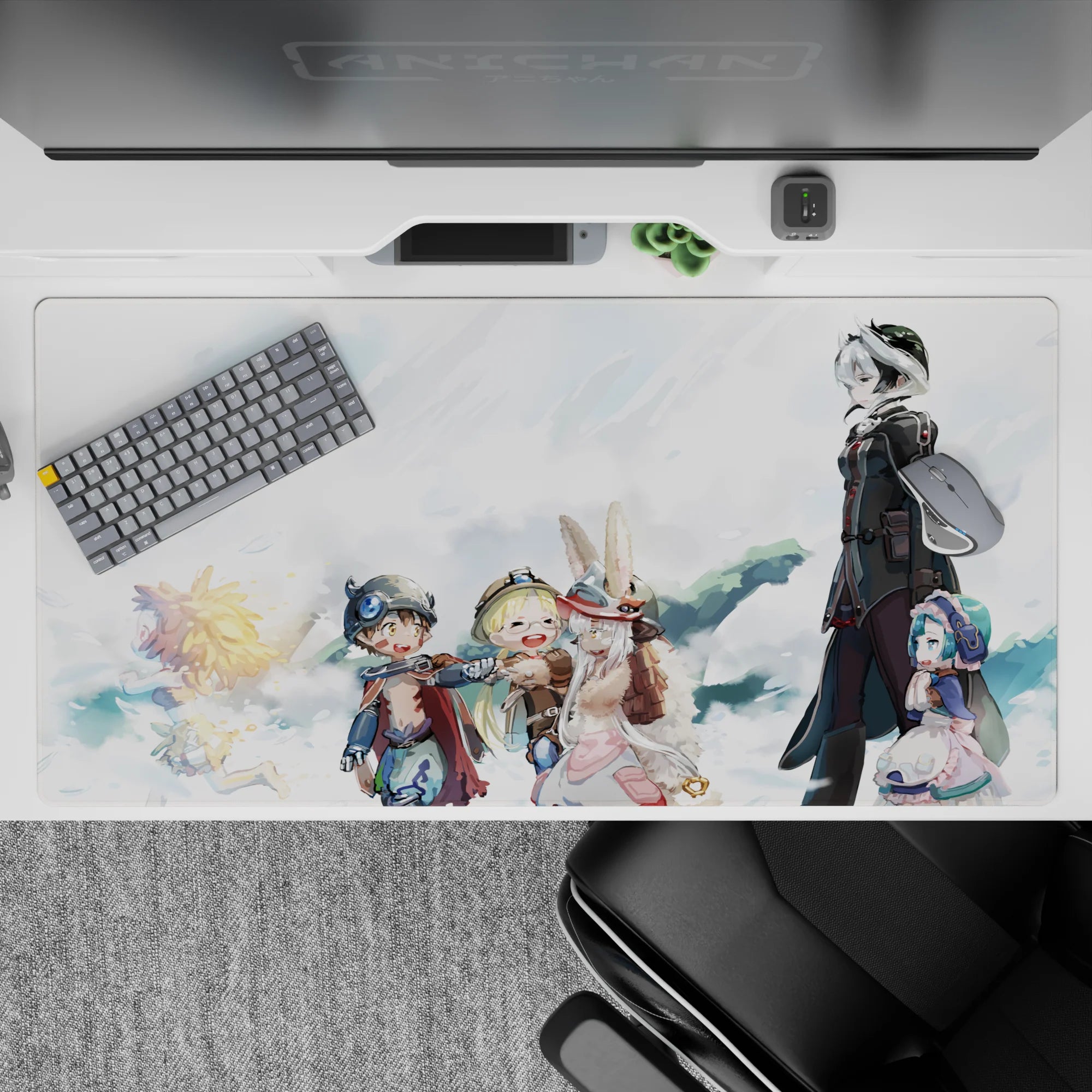 40x20 inches anime desk pad in soft pastel clouds, warm found-family vibe, clean bright sky palette.