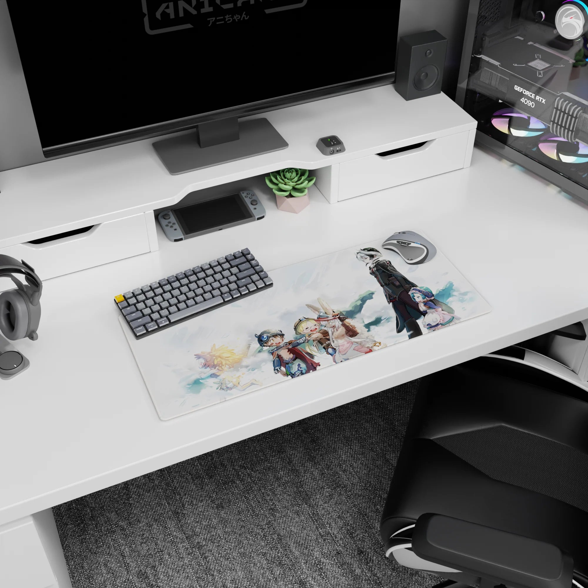28x12 inches anime mouse pad with tall black-coated protector and small blue-haired companion in clouds.