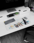 28x12 inches anime mouse pad with tall black-coated protector and small blue-haired companion in clouds.