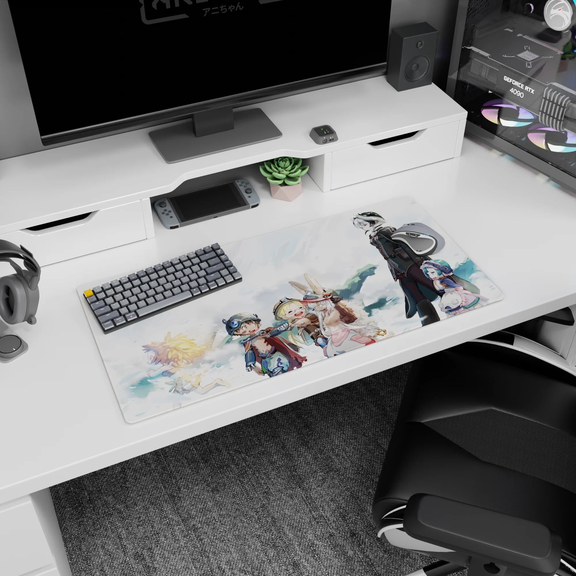 Protective tall figure in black coat with blue-haired companion anime mouse pad 32x16 inches, pulling forward.