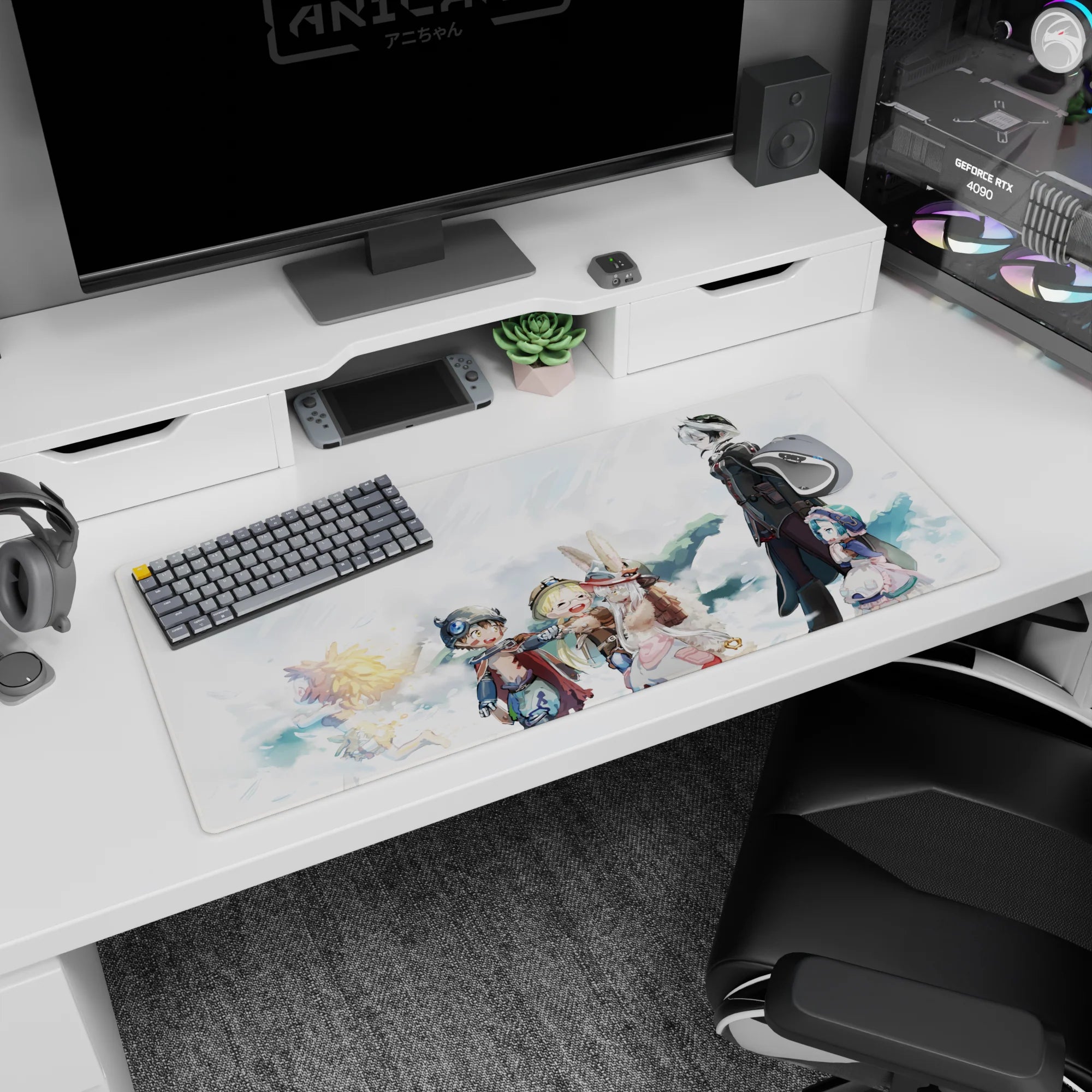 36x16 inches anime desk pad featuring tall black-coated guardian and small blue-haired companion in the sky.
