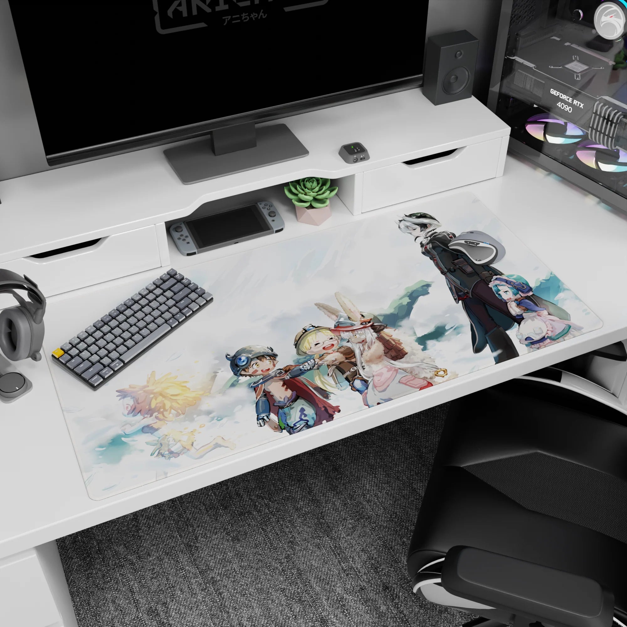 40x20 inches anime desk pad with tall figure in black coat protecting a small blue-haired companion in the clouds.