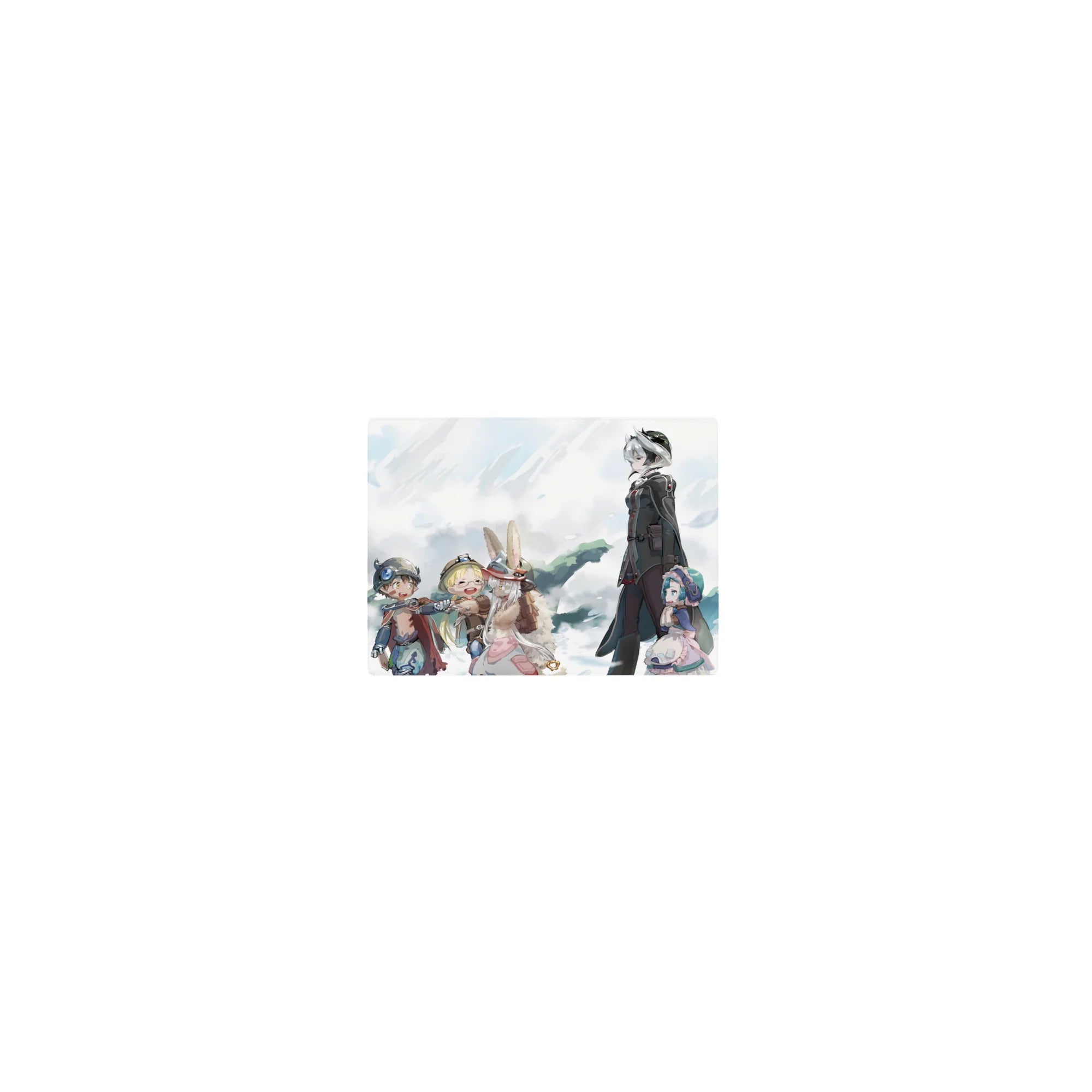 Classic anime mouse pad 14x10 inches with sky adventure crew holding hands, capes and goggles, clean line art.