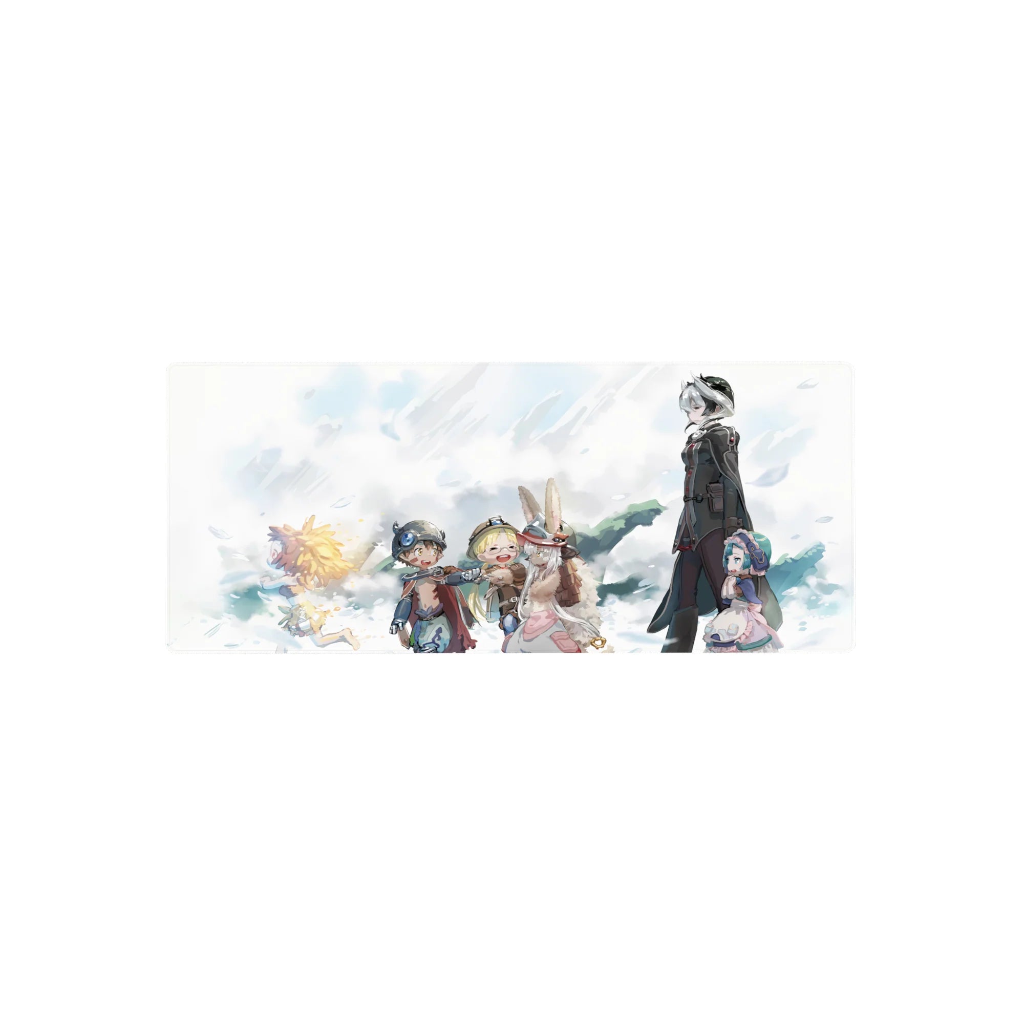28x12 inches anime mouse pad with sky adventurer crew, linked hands, goggles, capes, crisp linework.