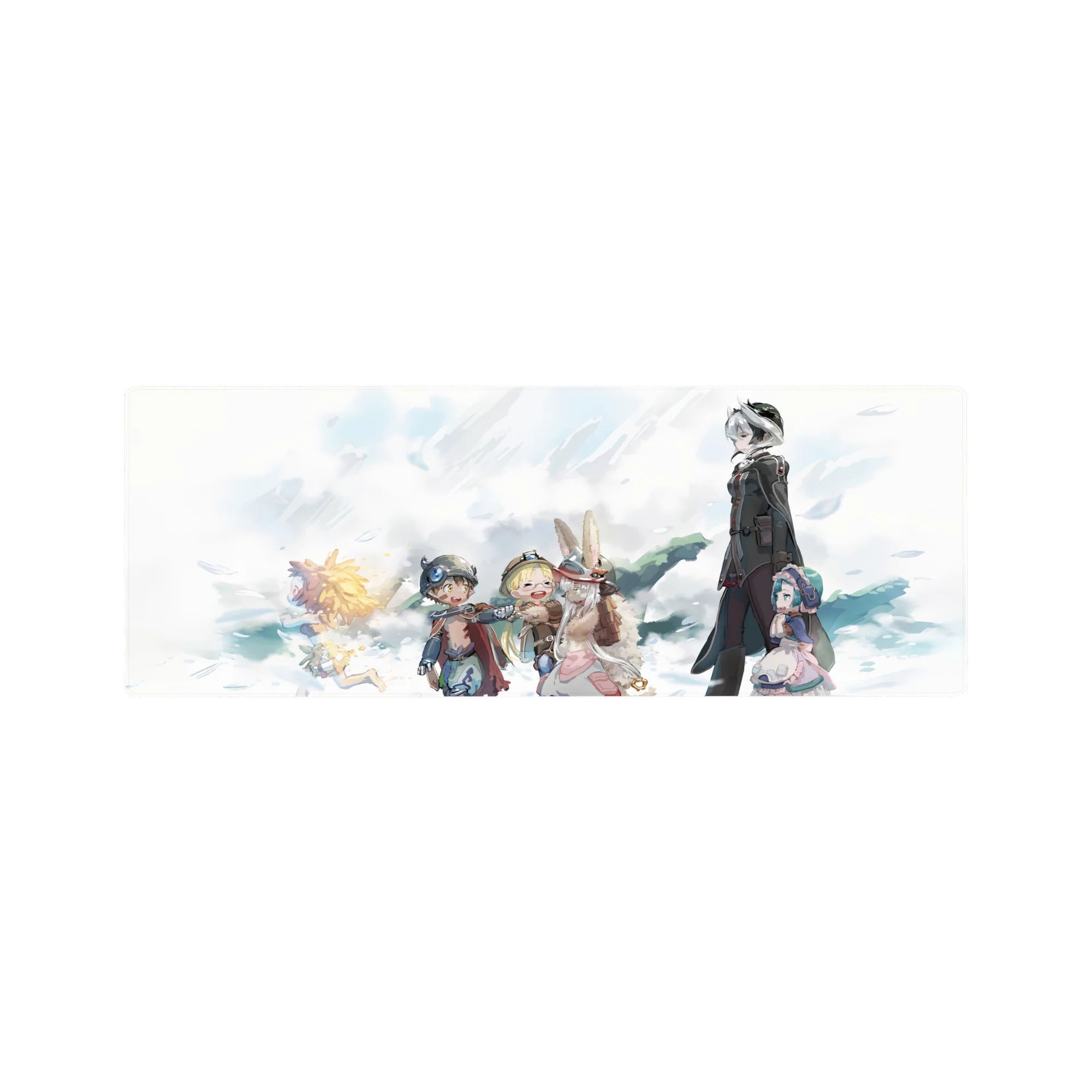 32x12 inches anime mouse pad with sky adventure crew holding hands, capes, goggles, clean crisp line art.