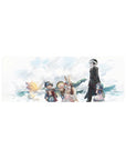 32x12 inches anime mouse pad with sky adventure crew holding hands, capes, goggles, clean crisp line art.