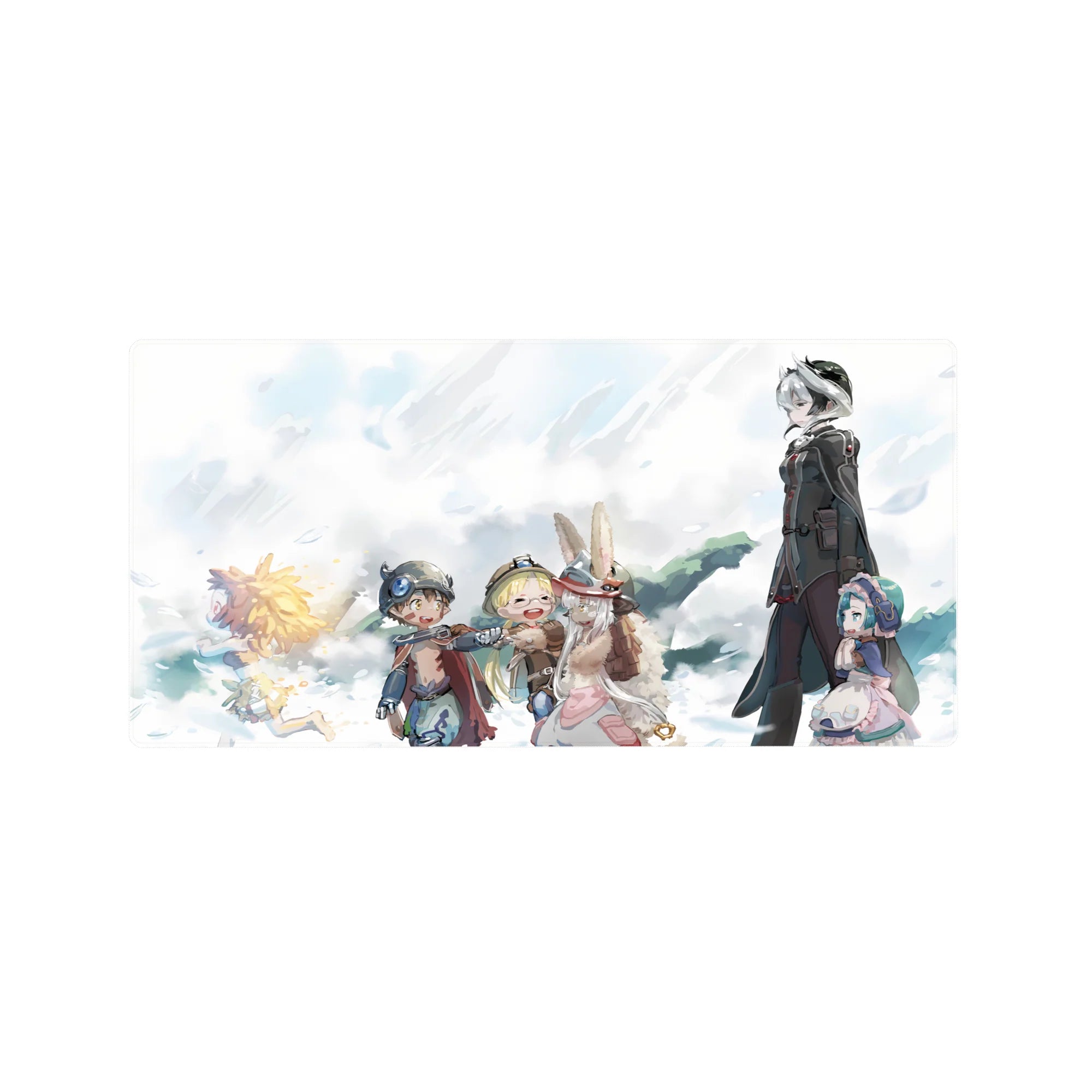 Anime mouse pad 32x16 inches with pastel sky, linked adventurer crew, goggles, capes, and crisp linework.