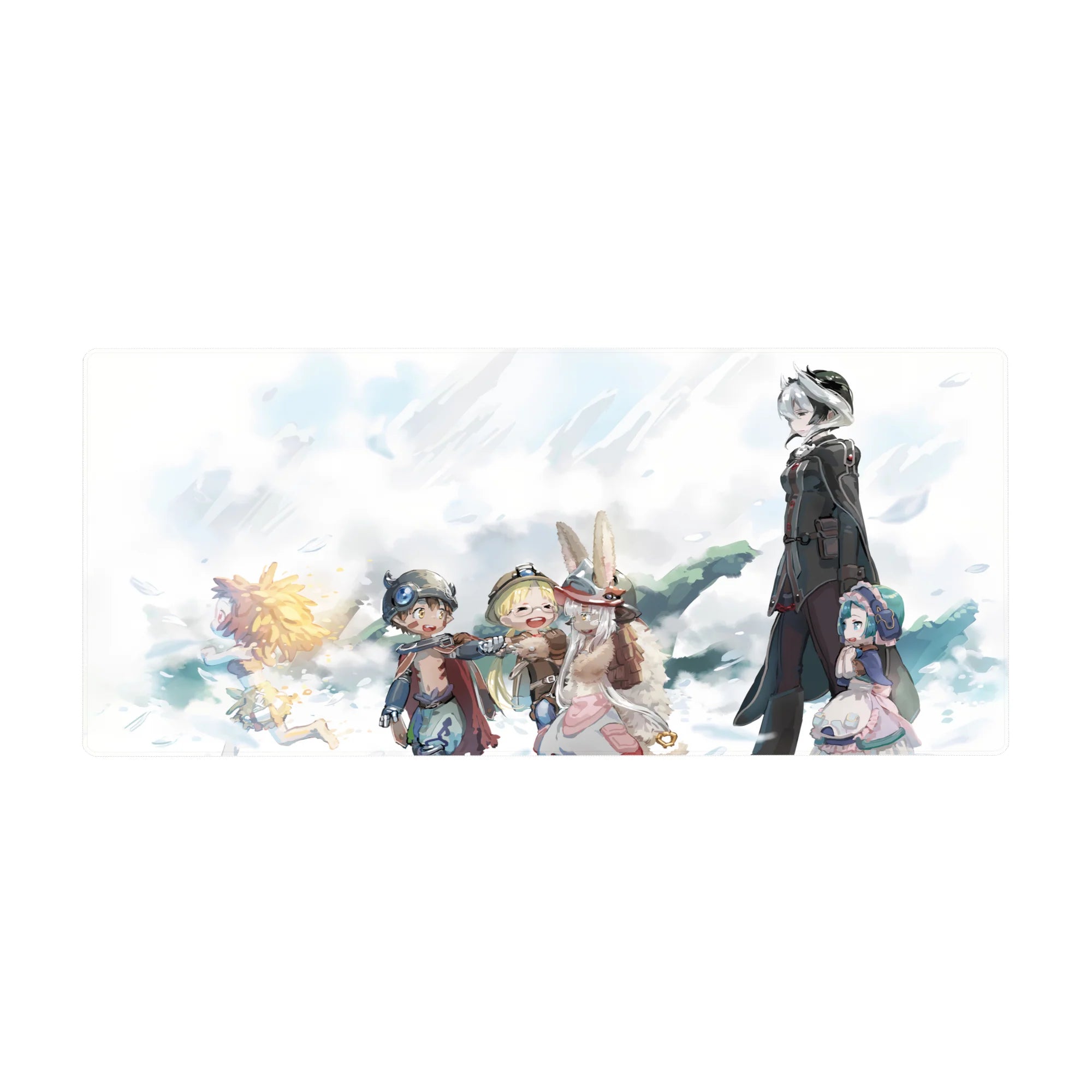 36x16 inches anime desk pad with sky adventurers holding hands, goggles, capes, crisp airy linework.