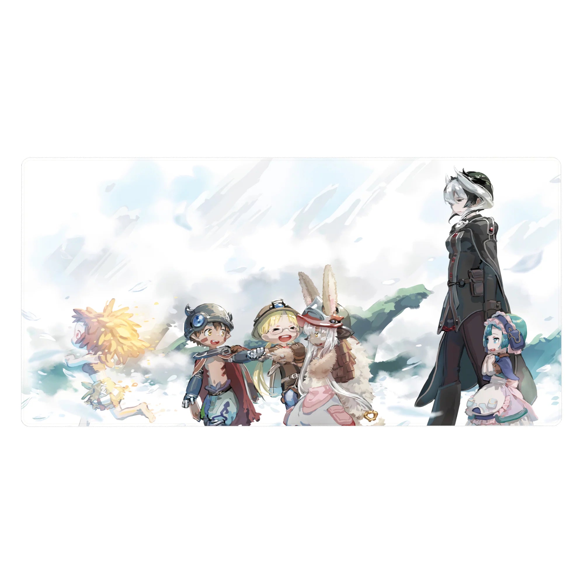 40x20 inches anime desk pad with sky adventurer crew, goggles and capes, crisp linework on airy whites.