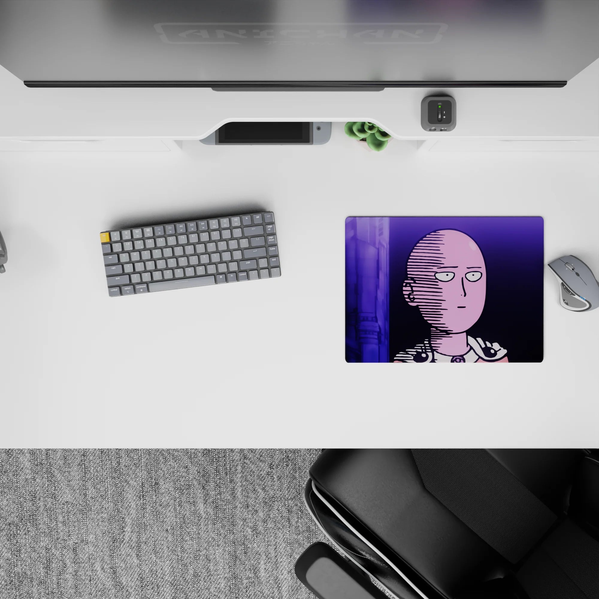Neon violet and deep purple anime mouse pad 14x10 inches with moody late-night glow and bold print.