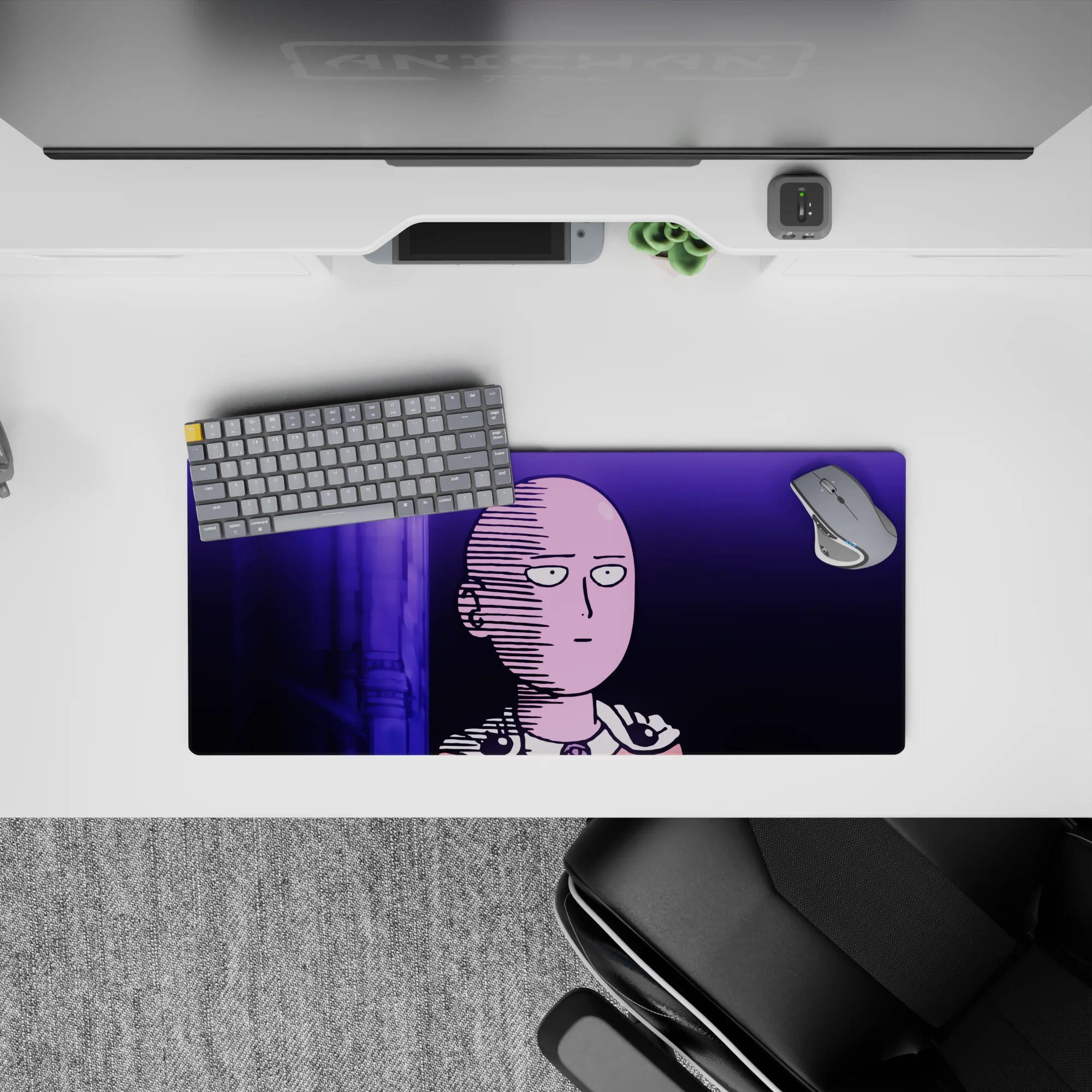 28x12 inches anime mouse pad in neon violet and deep purple tones, sleek late-night glow with bold print.