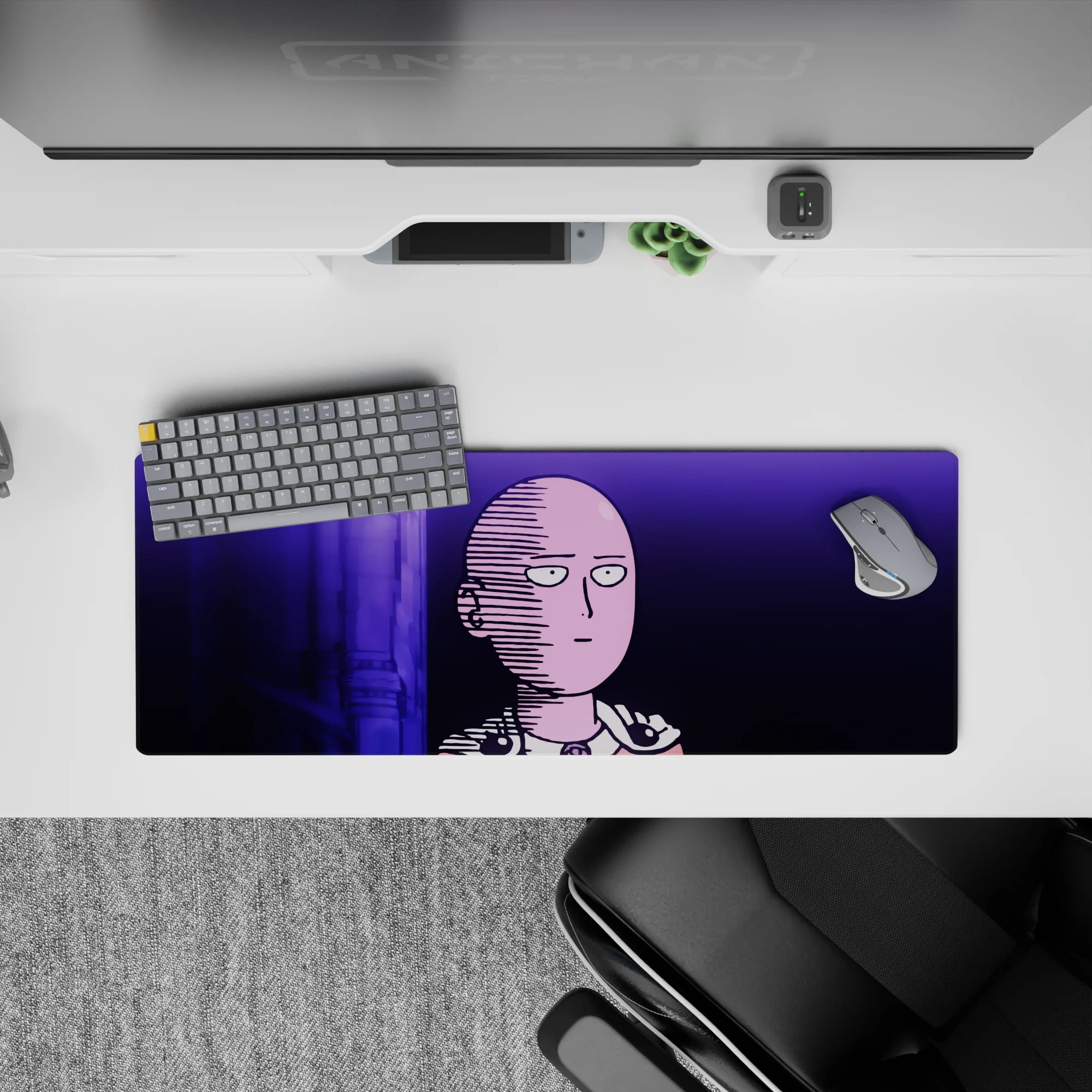 32x12 inches anime mouse pad in neon violet and deep purple, moody late-night city glow with bold minimal vibe.