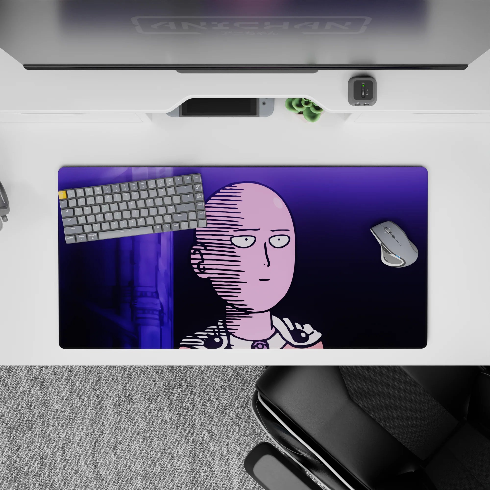 32x16 inches anime mouse pad in moody neon violet and deep purples, clean late-night glow and bold print.