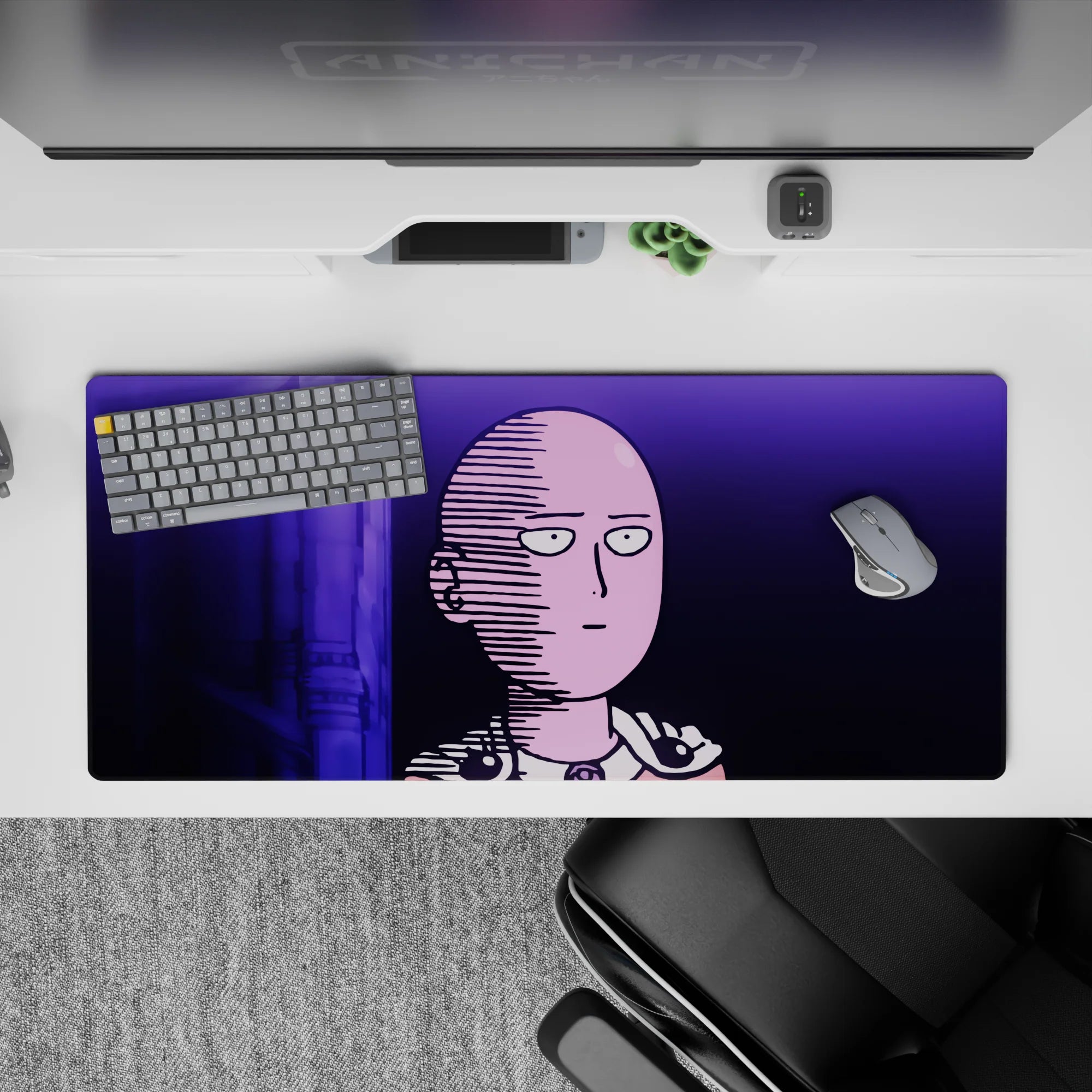 36x16 inches anime desk pad in neon violet and deep purple tones, clean minimalist vibe, smooth tracking.
