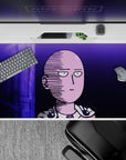 40x20 inches anime desk pad in neon violet and deep purple, minimal late-night glow with crisp inked shading.