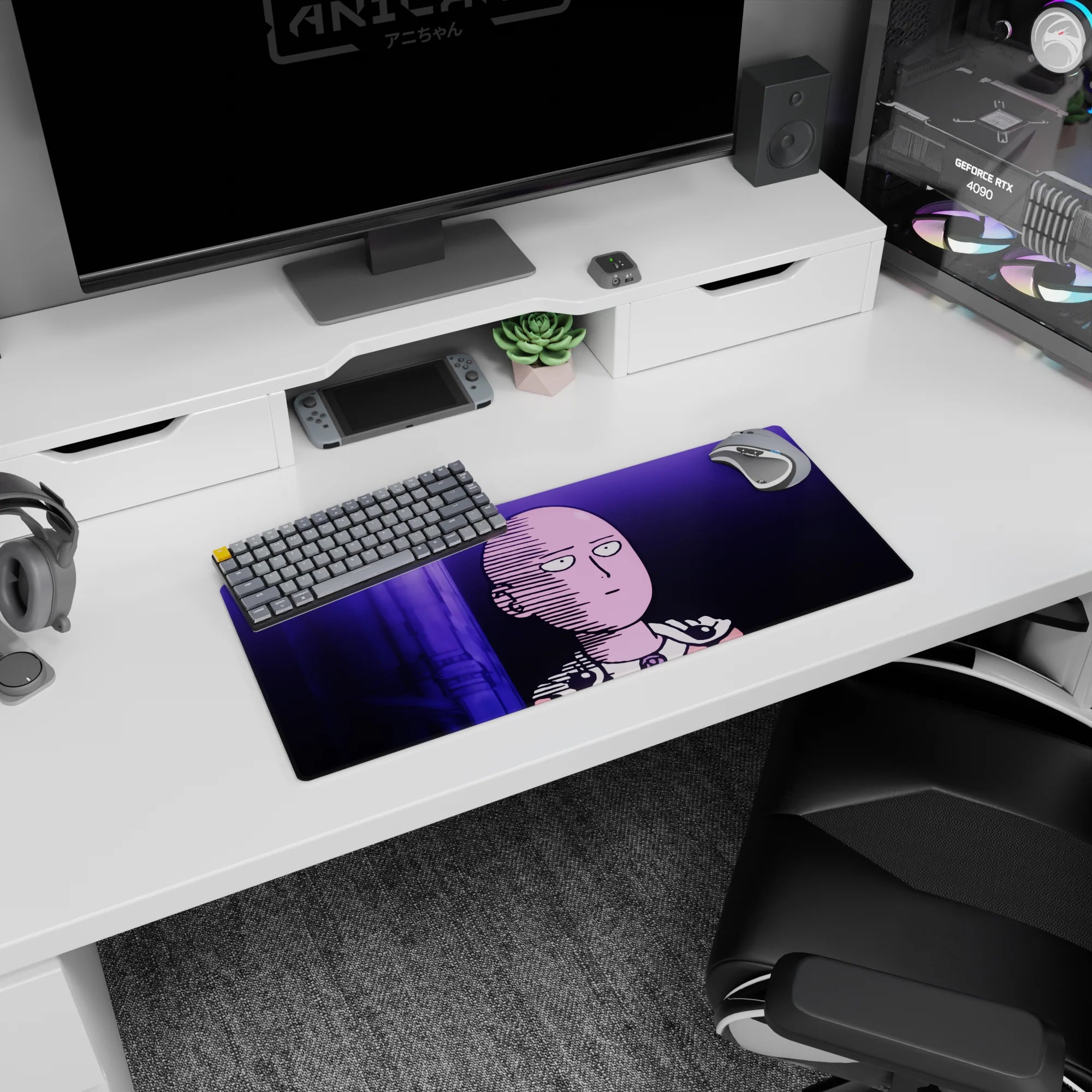 28x12 inches anime mouse pad featuring Saitama staring ahead, cape clasp detail, violet city mood behind him.