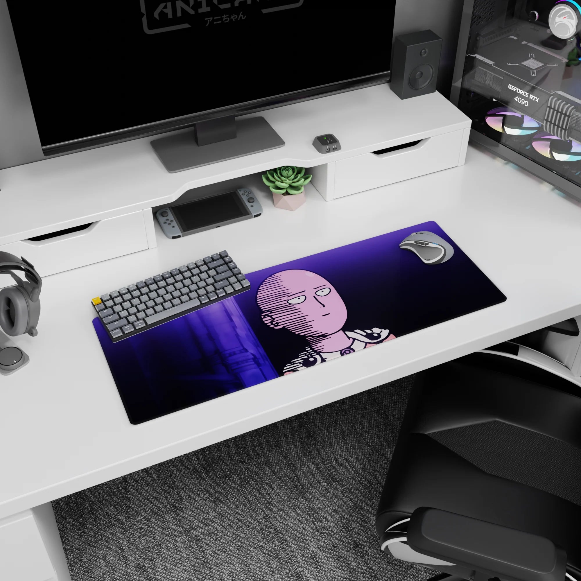 32x12 inches anime mouse pad showing Saitama staring ahead, bald head and cape clasp inked with sharp lines.