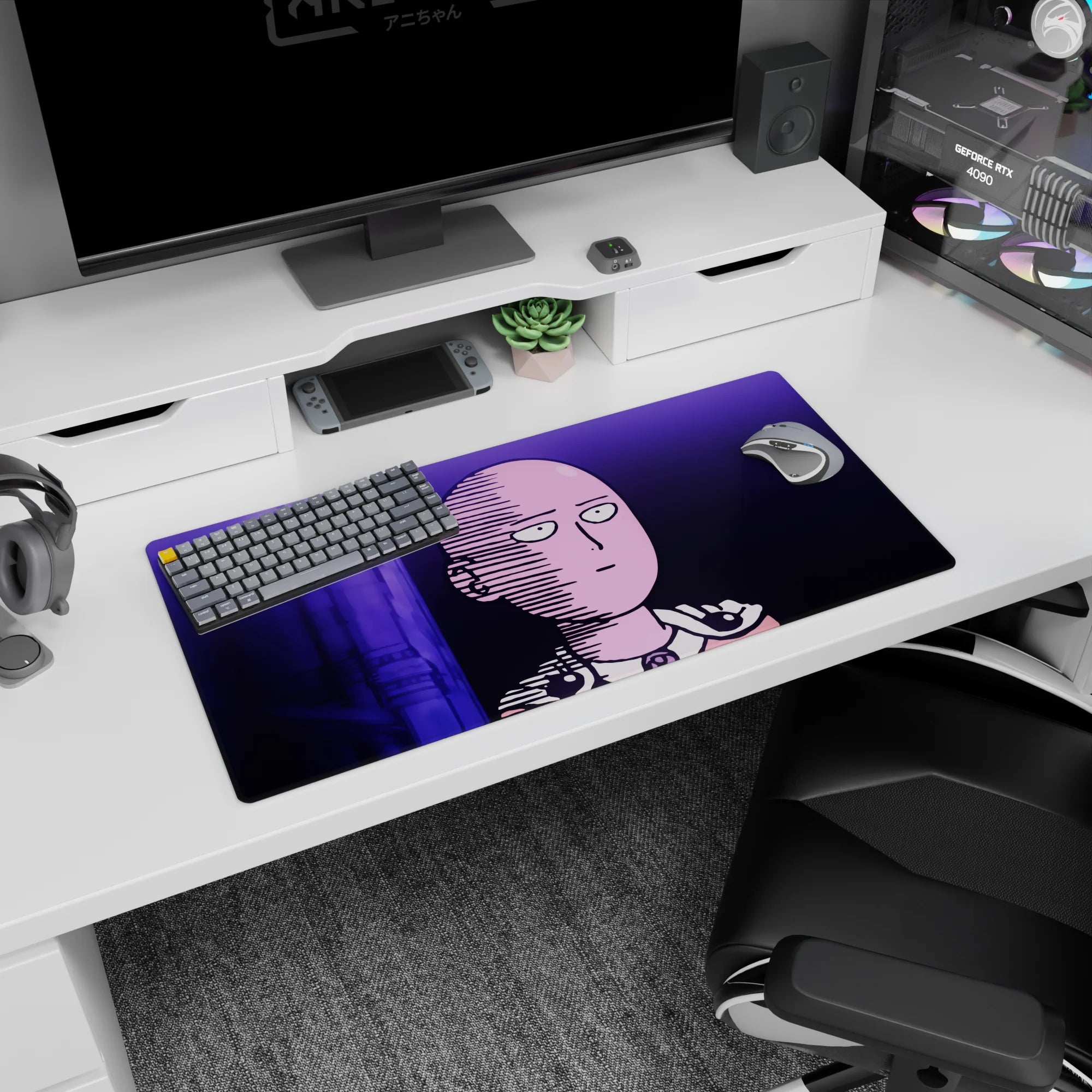 32x16 inches anime mouse pad showing Saitama staring ahead, bald head and cape clasp lit against purple structures.