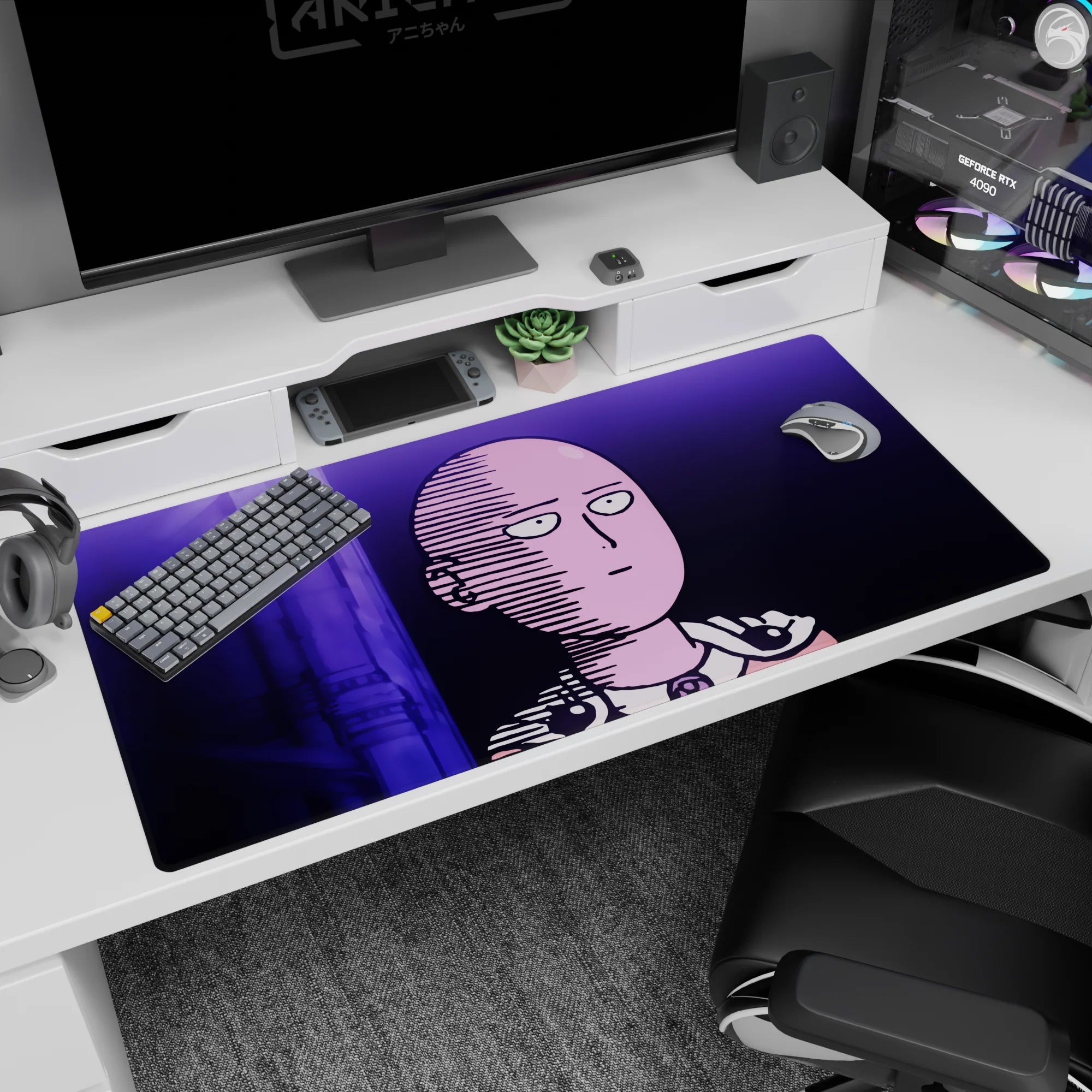 40x20 inches anime desk pad showing Saitama staring ahead, bald head and cape clasp outlined against purple structures.