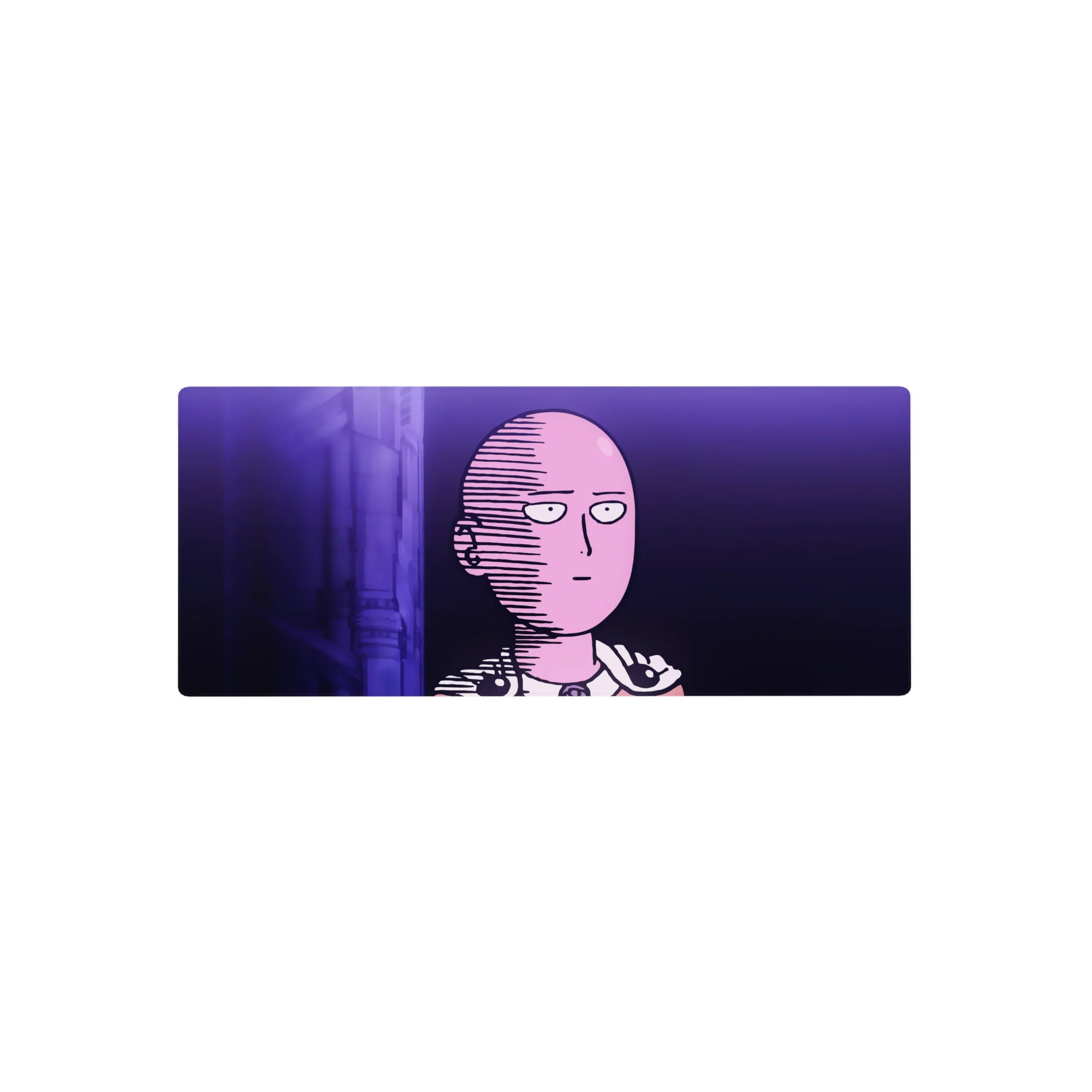 28x12 inches anime mouse pad with neon-lit bald hero, crisp comic shading, and minimal purple city backdrop.