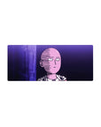 28x12 inches anime mouse pad with neon-lit bald hero, crisp comic shading, and minimal purple city backdrop.
