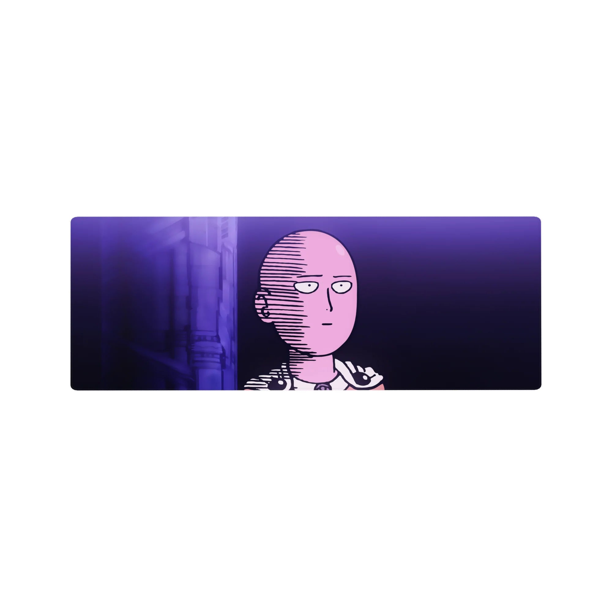 32x12 inches anime mouse pad with Saitama neon violet portrait, crisp comic shading, and clean purple city backdrop.