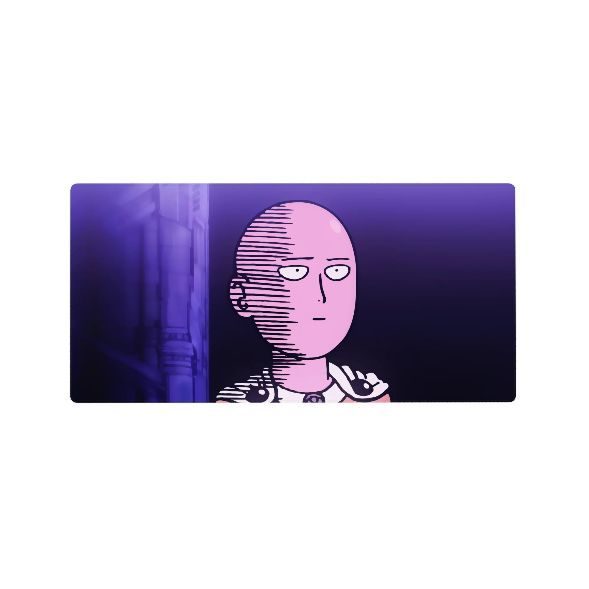 32x16 inches anime mouse pad with Saitama in neon violet, crisp comic shading, minimal purple city backdrop.