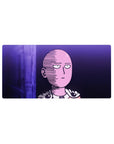 32x16 inches anime mouse pad with Saitama in neon violet, crisp comic shading, minimal purple city backdrop.