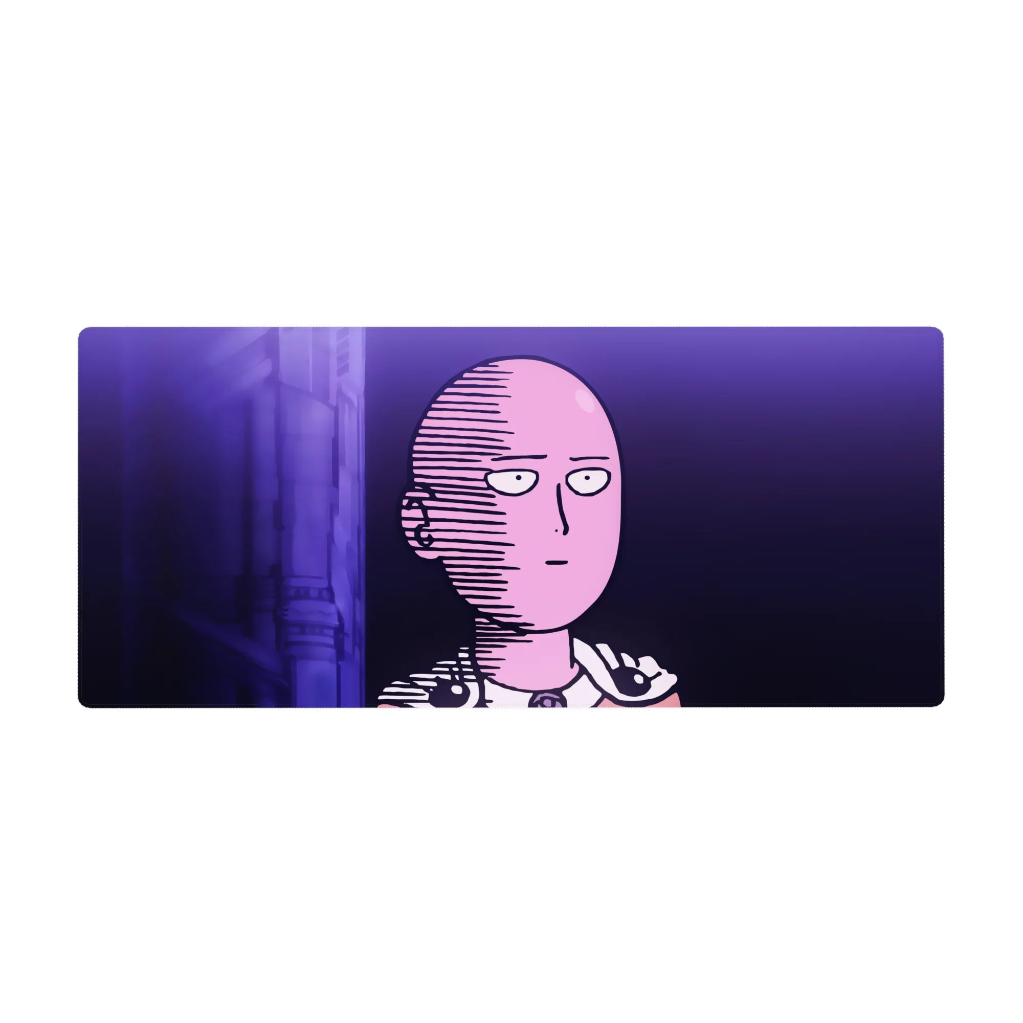 36x16 inches anime desk pad with Saitama neon city glow, crisp comic shading, deep purple backdrop.