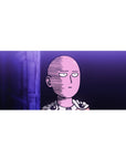 36x16 inches anime desk pad with Saitama neon city glow, crisp comic shading, deep purple backdrop.