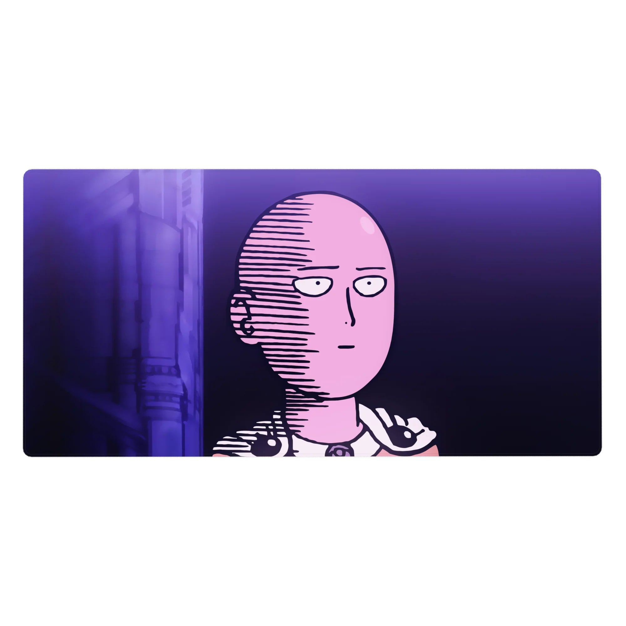 40x20 inches anime desk pad with Saitama in neon violet, clean purple city backdrop, bold comic line shading.