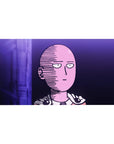 40x20 inches anime desk pad with Saitama in neon violet, clean purple city backdrop, bold comic line shading.