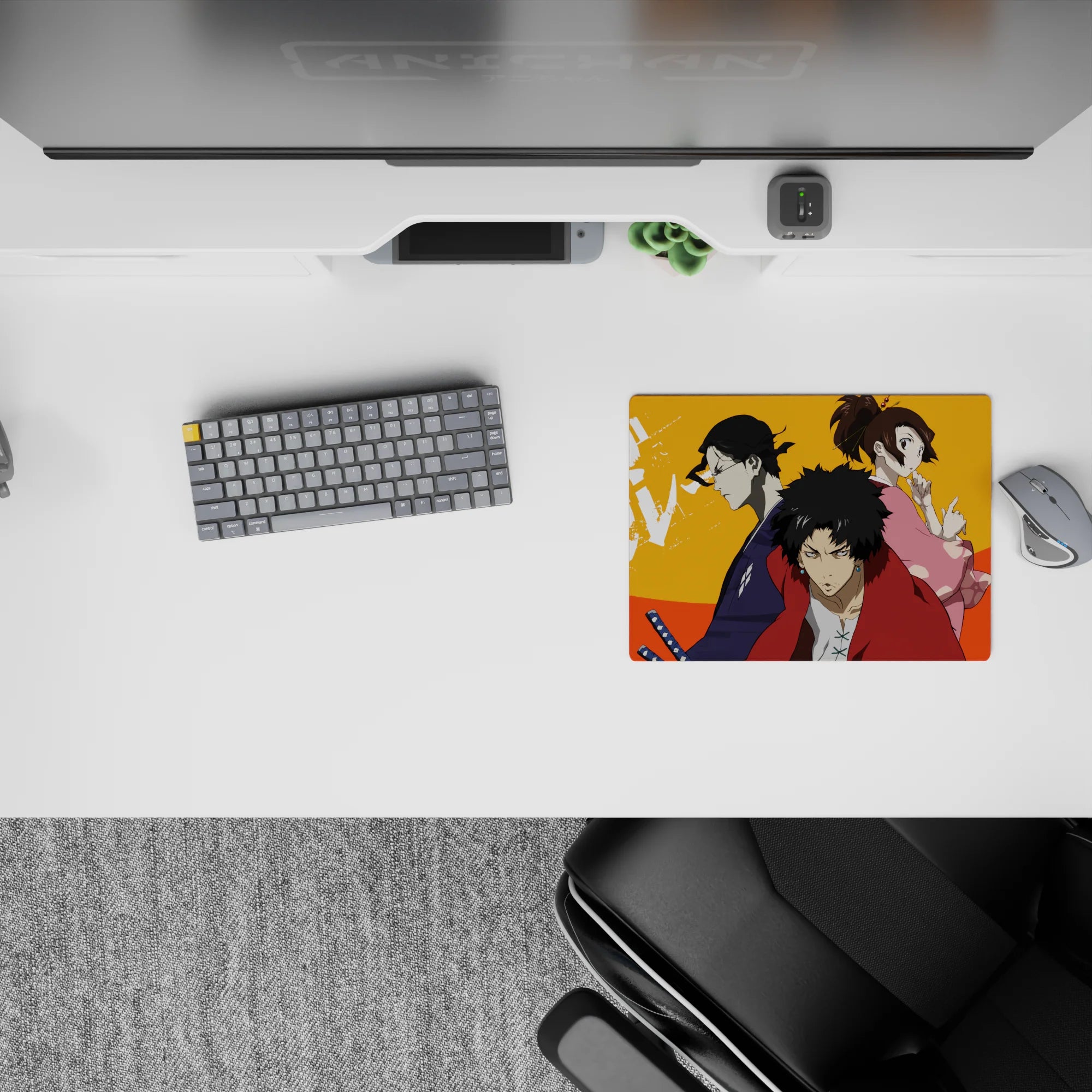Bold orange heat anime mouse pad 14x10 inches, red and indigo fighters with pink accent, cool under pressure.