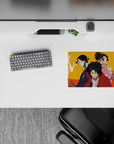 Bold orange heat anime mouse pad 14x10 inches, red and indigo fighters with pink accent, cool under pressure.