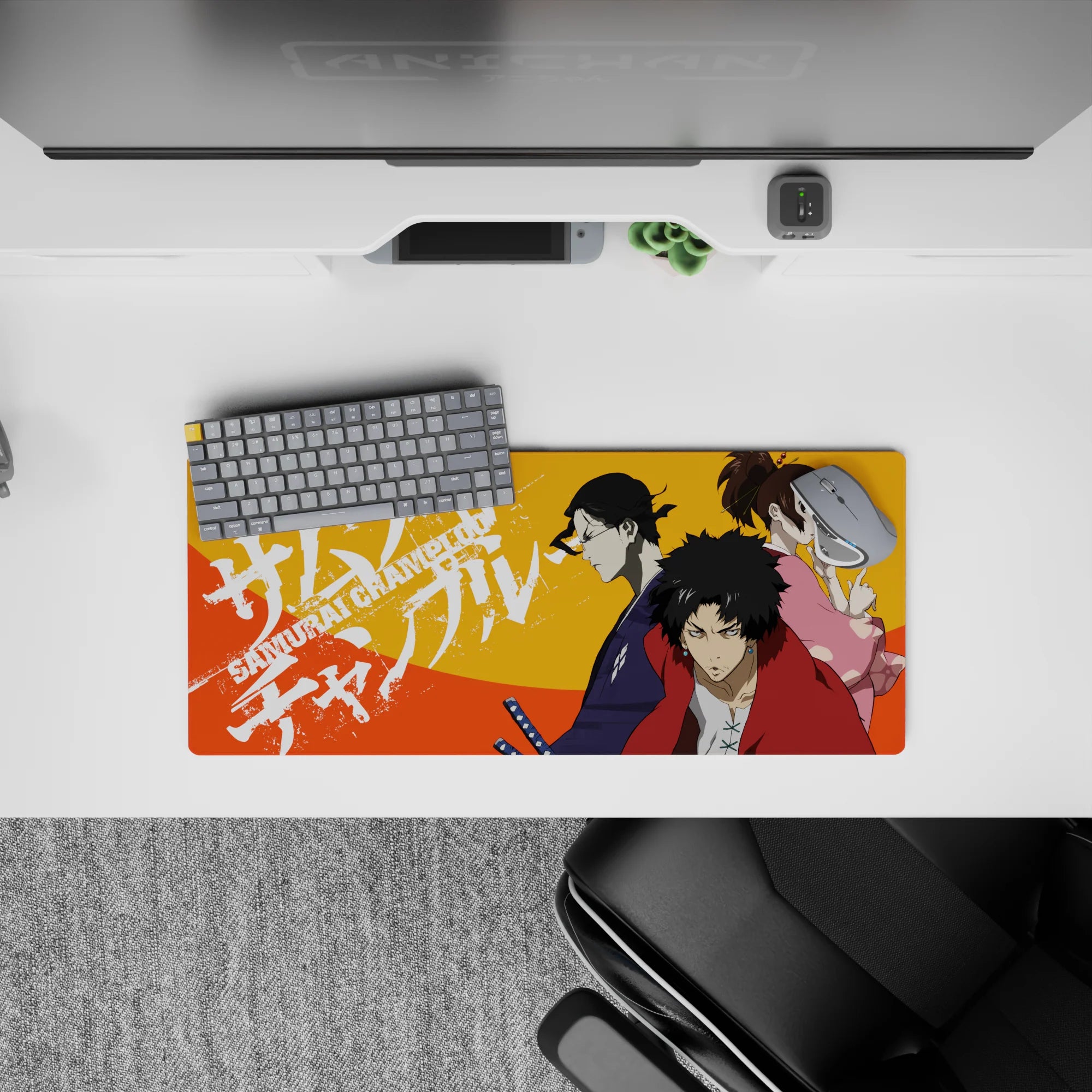 28x12 inches anime mouse pad in bold orange heat with red, indigo, and pink accents, street-poster vibe.
