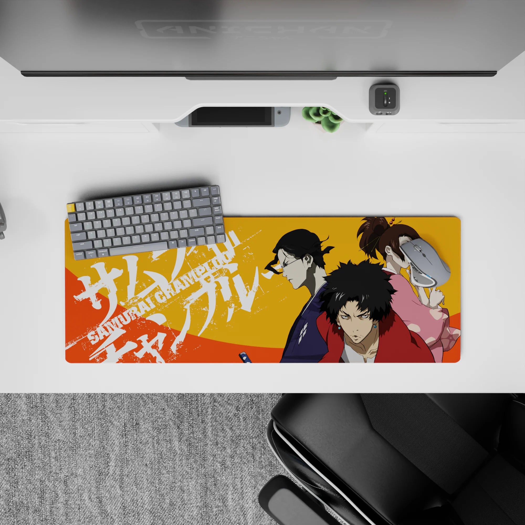 32x12 inches anime mouse pad in bold orange heat with red, indigo, and pink pops, cool under pressure.