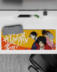 32x12 inches anime mouse pad in bold orange heat with red, indigo, and pink pops, cool under pressure.