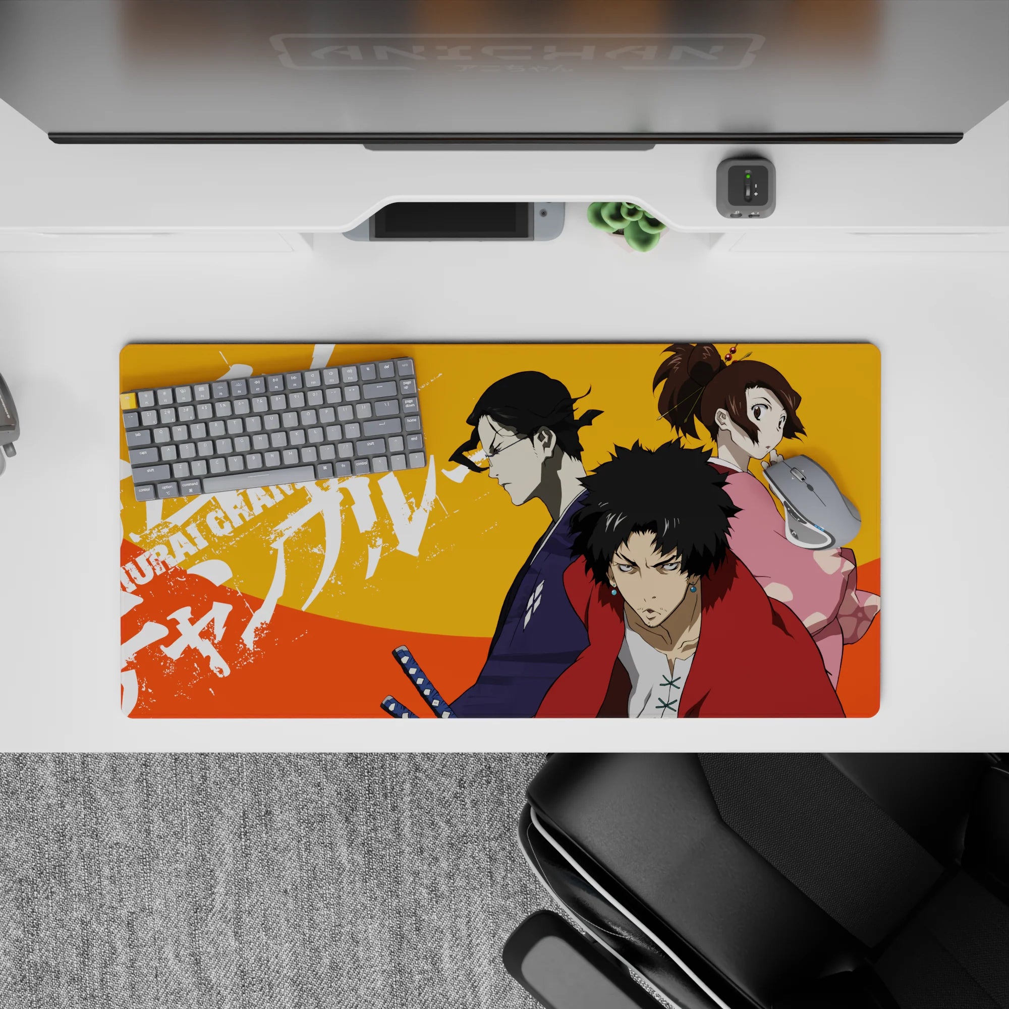 32x16 inches anime mouse pad in bold orange heat with red, indigo, and pink accents, street-poster vibe.