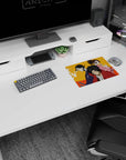 Anime mouse pad 14x10 inches showing red haori fighter staring ahead, indigo swordsman, and pink girl warning.