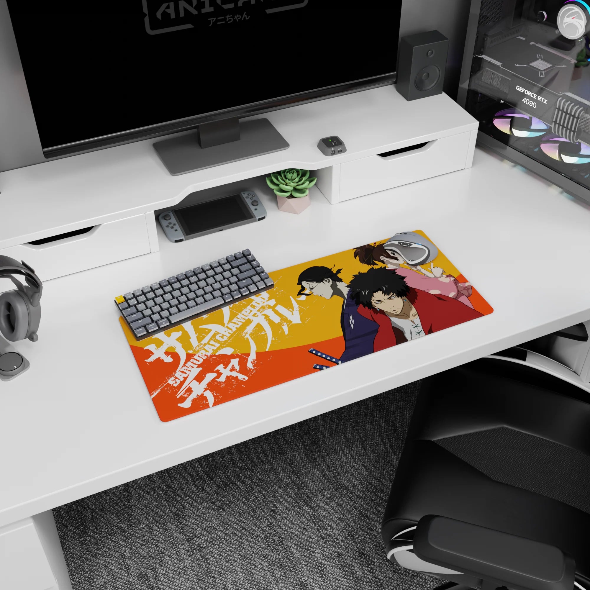 28x12 inches anime mouse pad showing red haori fighter, indigo twin-sword swordsman, and pink girl warning.