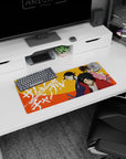 28x12 inches anime mouse pad showing red haori fighter, indigo twin-sword swordsman, and pink girl warning.