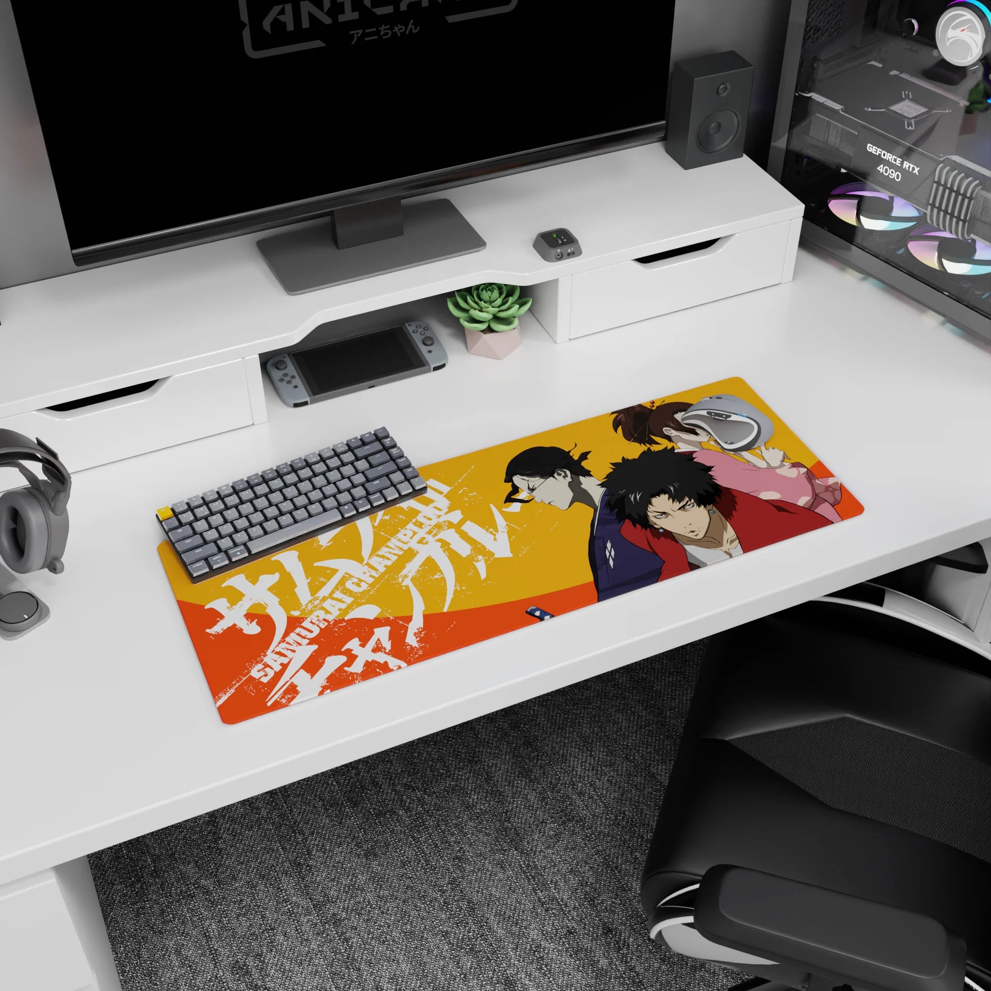 32x12 inches anime mouse pad featuring a red-haori fighter staring ahead, indigo swordsman, and warning girl.