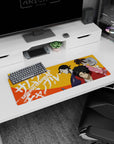 32x12 inches anime mouse pad featuring a red-haori fighter staring ahead, indigo swordsman, and warning girl.