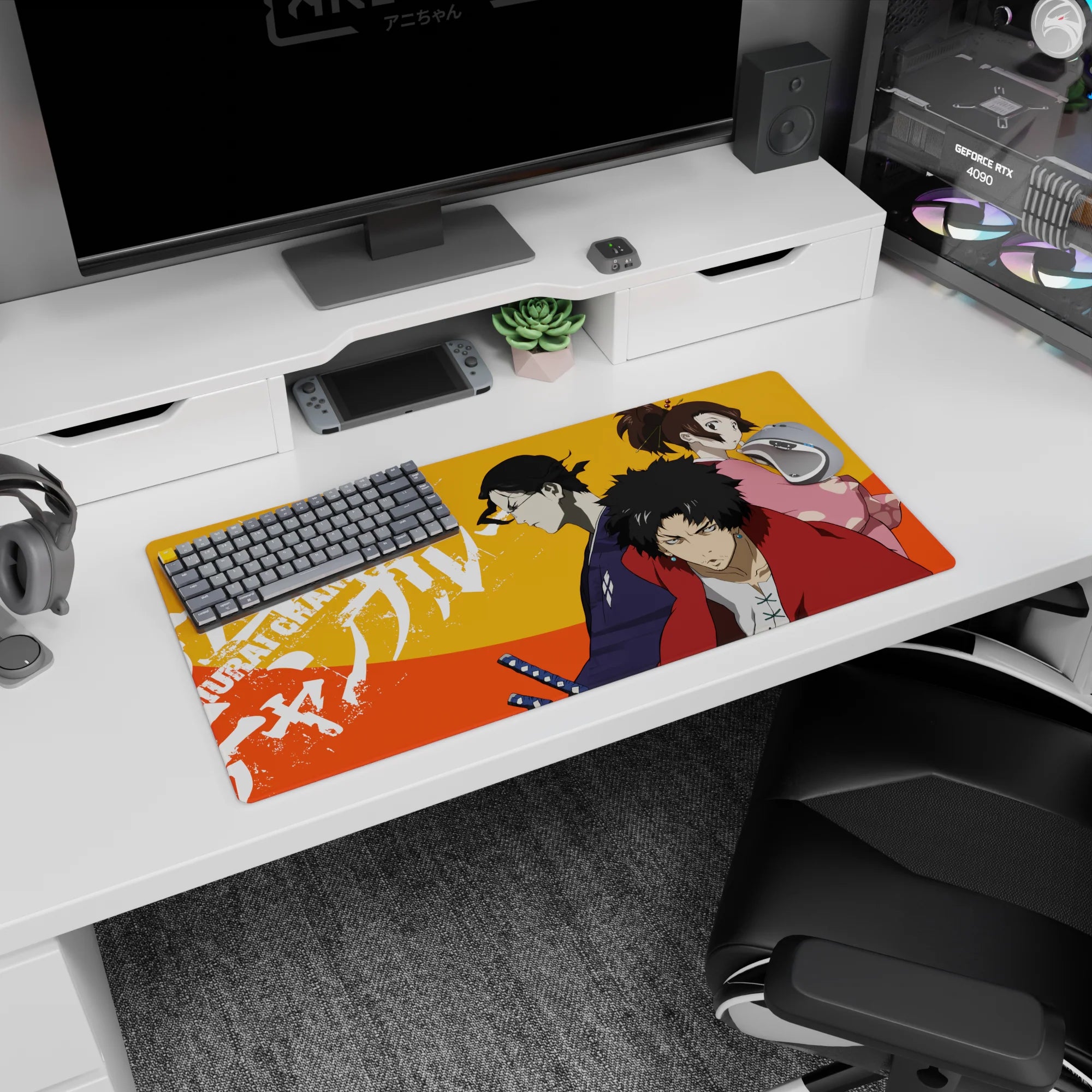 32x16 inches anime mouse pad featuring red haori fighter, indigo swordsman, and pink girl warning behind.