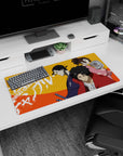 32x16 inches anime mouse pad featuring red haori fighter, indigo swordsman, and pink girl warning behind.