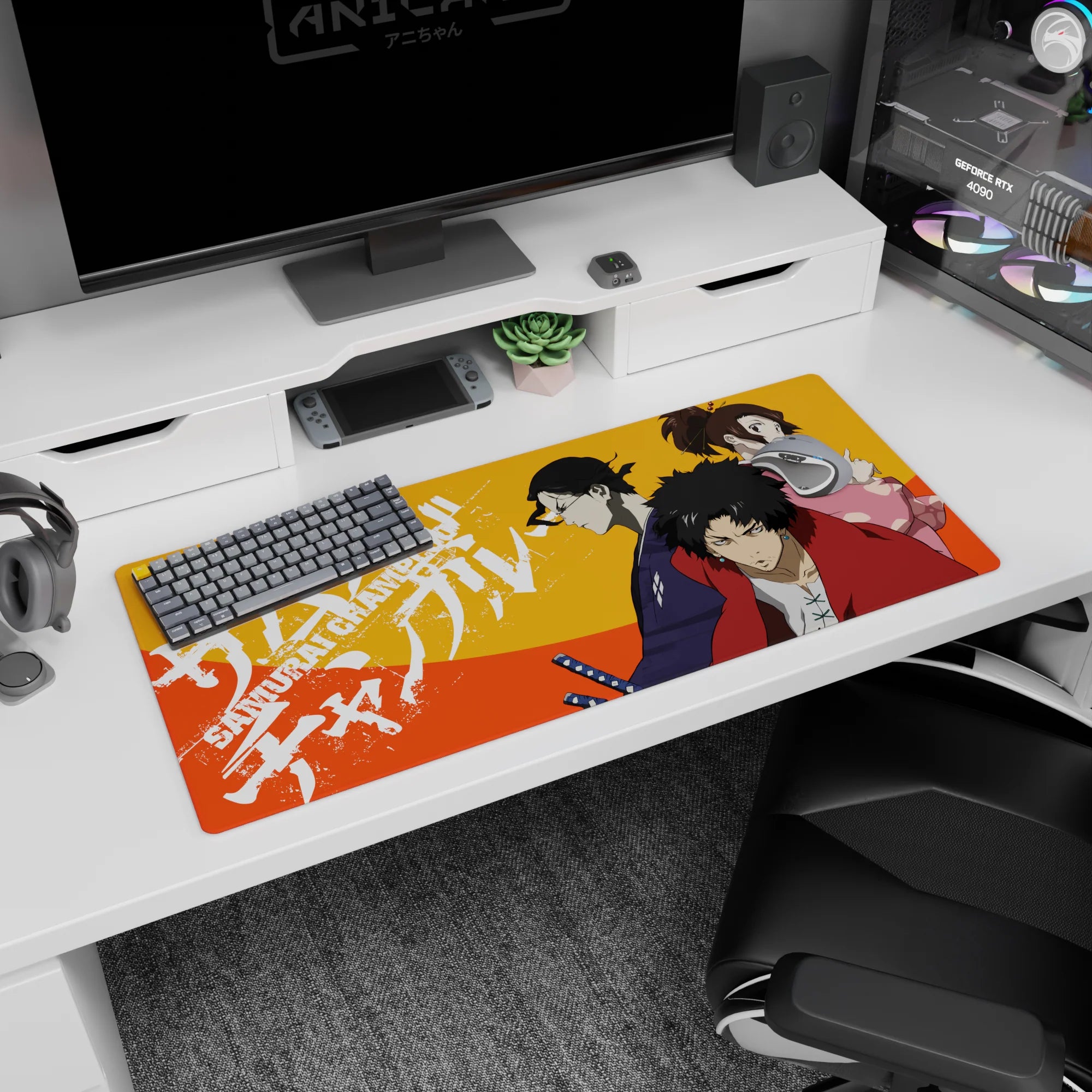 36x16 inches anime desk pad showing red haori fighter staring ahead, indigo dual-swordsman, and pink girl warning.
