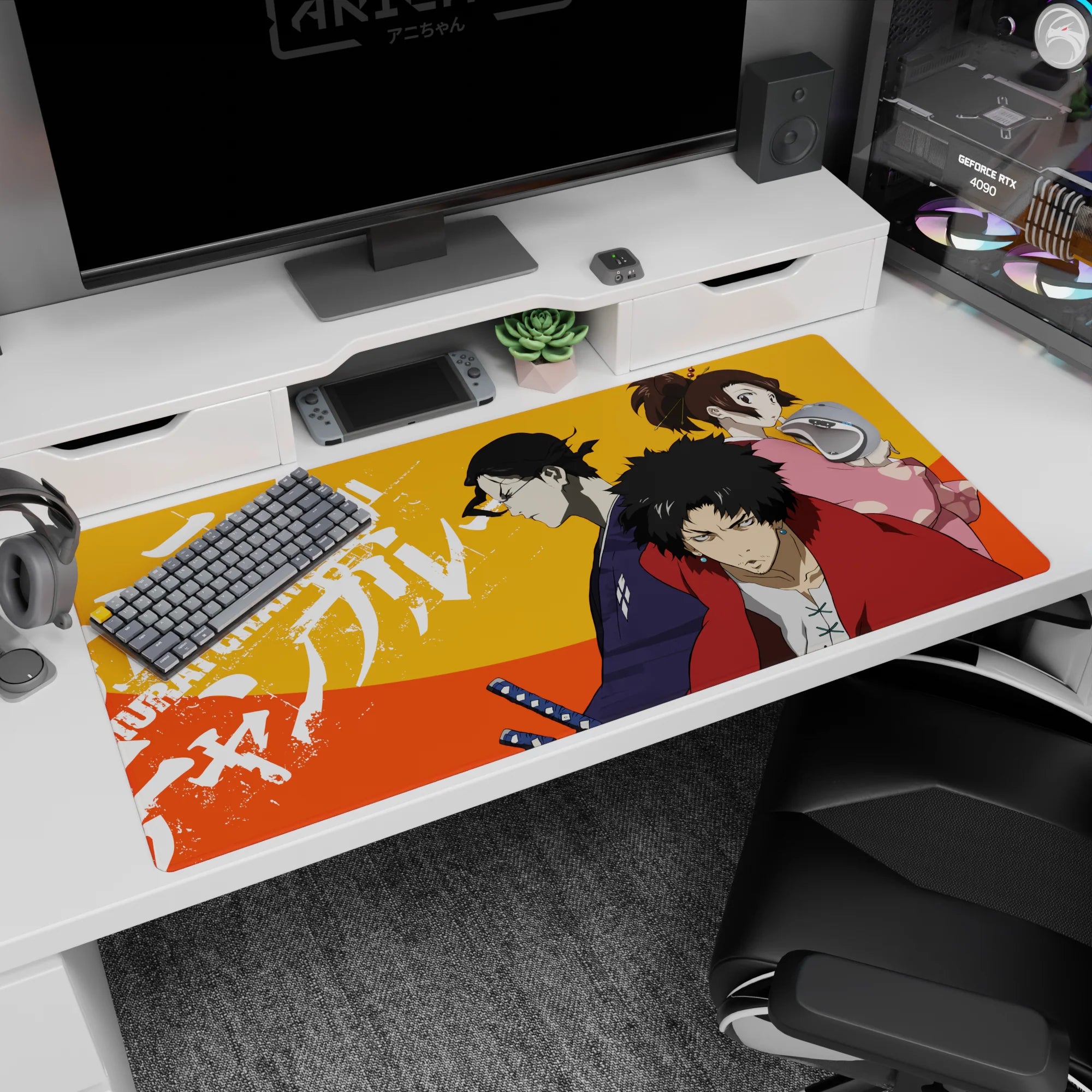 40x20 inches anime desk pad showing red haori fighter front, indigo swordsman side-on, pink girl warning.