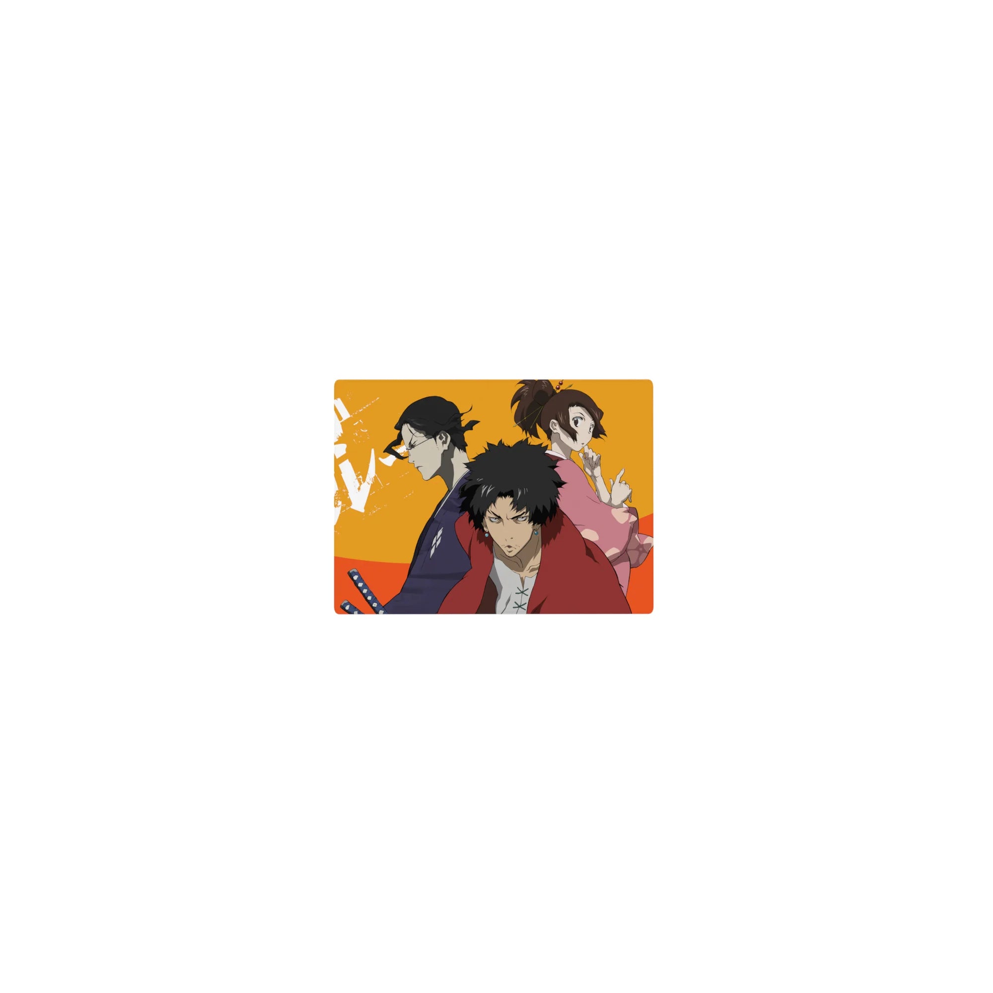 Classic anime mouse pad 14x10 inches with three warriors in a triangle, paint-splatter street poster style.