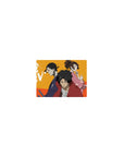 Classic anime mouse pad 14x10 inches with three warriors in a triangle, paint-splatter street poster style.